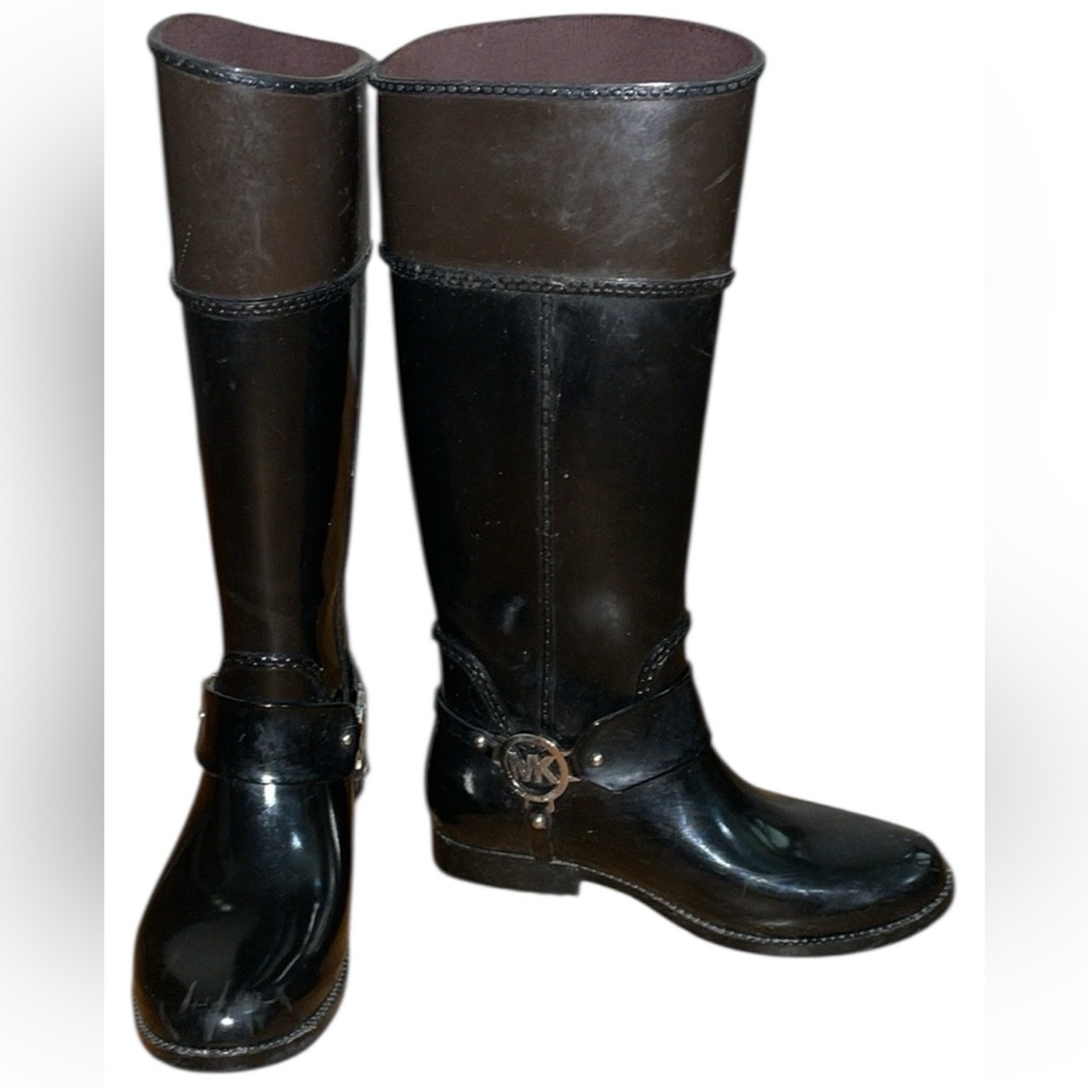 •MICHAEL KORS•BLACK/BROWN COLORBLOCK FULTON LOGO HARNESS RAINBOOTS SIZE 7